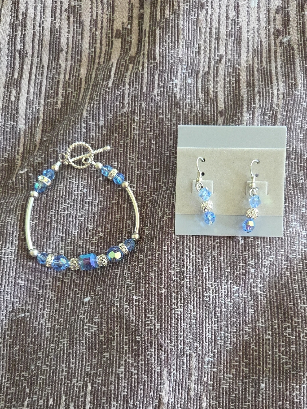Blue Crystal Bead Bracelet Ad Earring Set with Silver Tone Accents